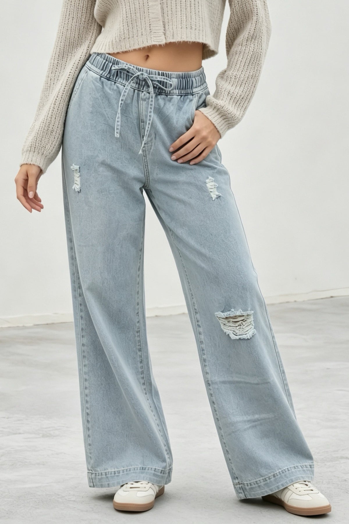 Elastic Waist Non-Stretch Ripped Wide Leg Jeans