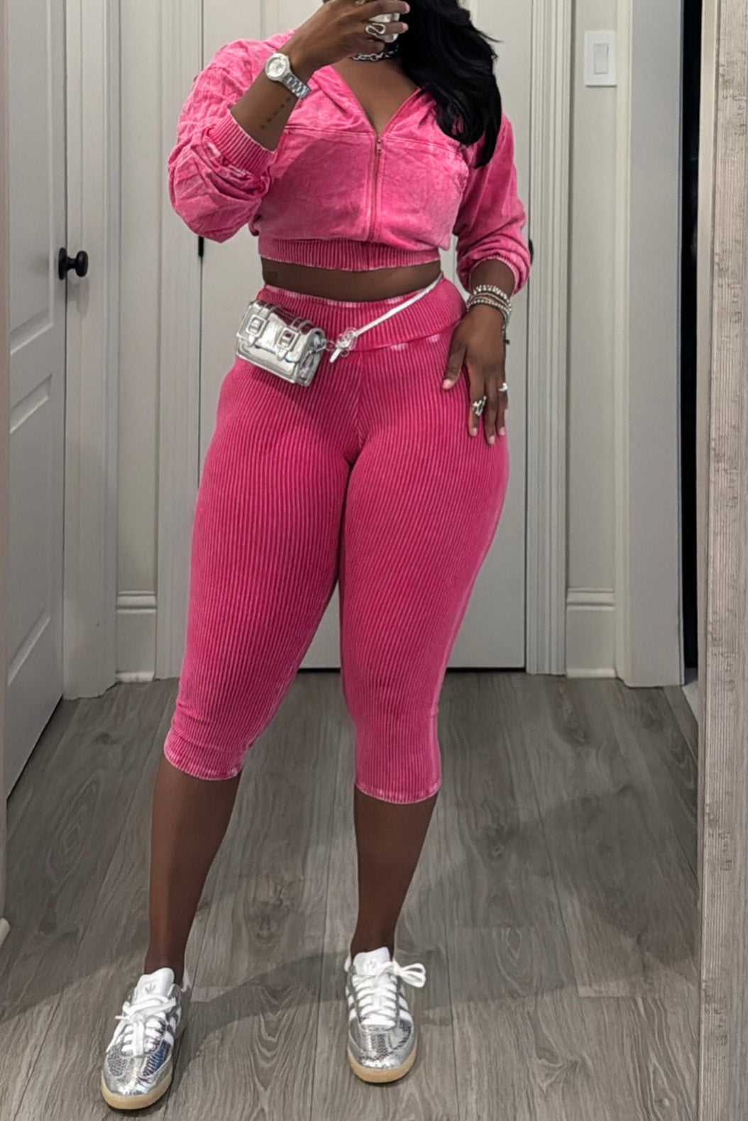 Washed Hoodie & Ribbed Capri Leggings Set