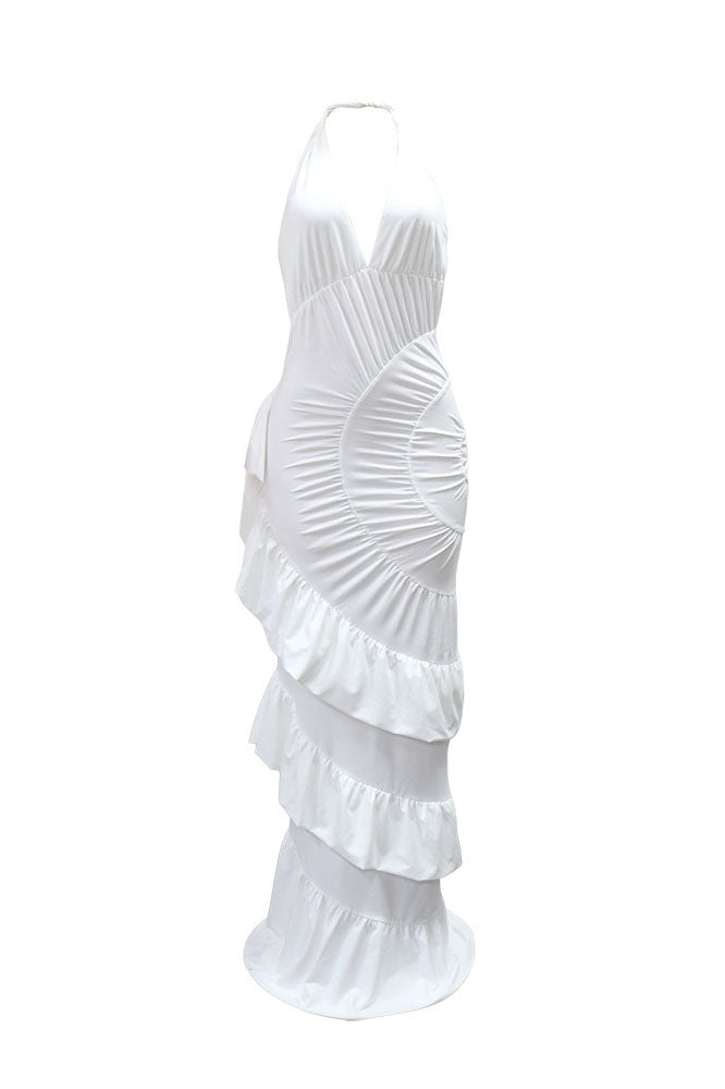 Plunging Halter Ruched Tiered Ruffle Maxi Dress