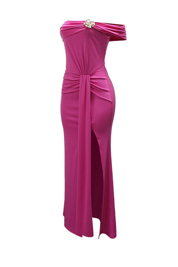 Off-Shoulder Draped Slit Maxi Dress