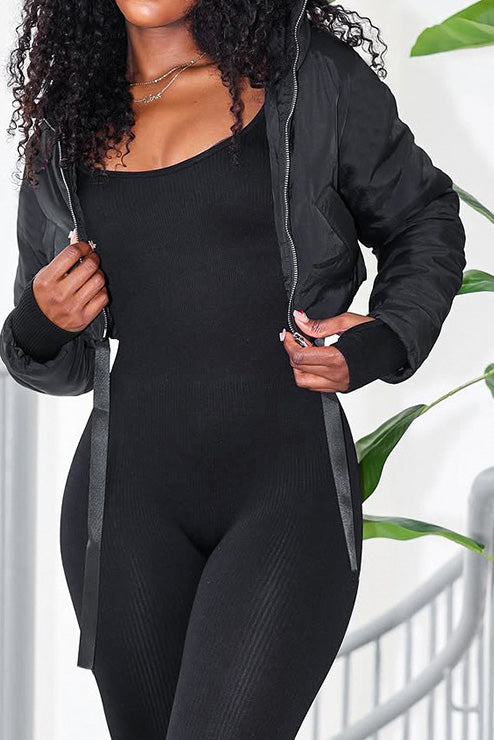 Solid Zip-Up Fitted Cotton Puffer Jacket