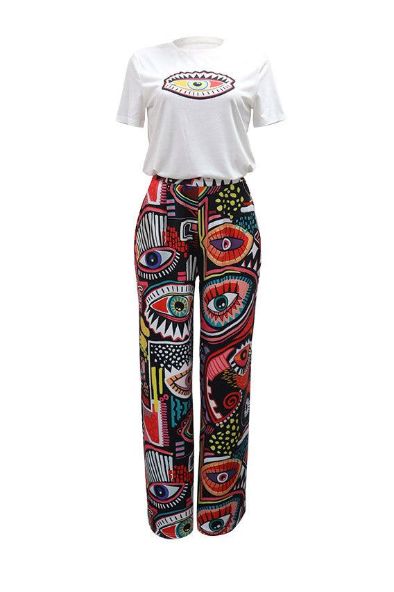 Printed Two Piece Set with Wide Leg Pants