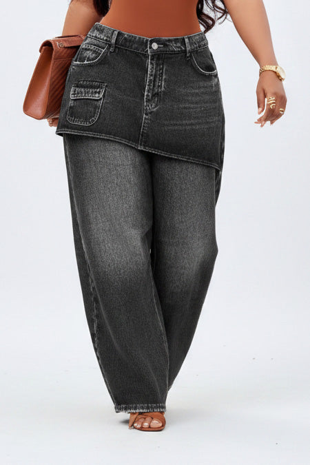 Skirt Overlay Wide Leg Baggy Jeans