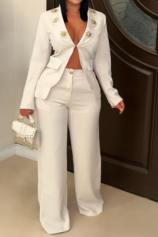 Elegant Lapel Blazer & Pants Set