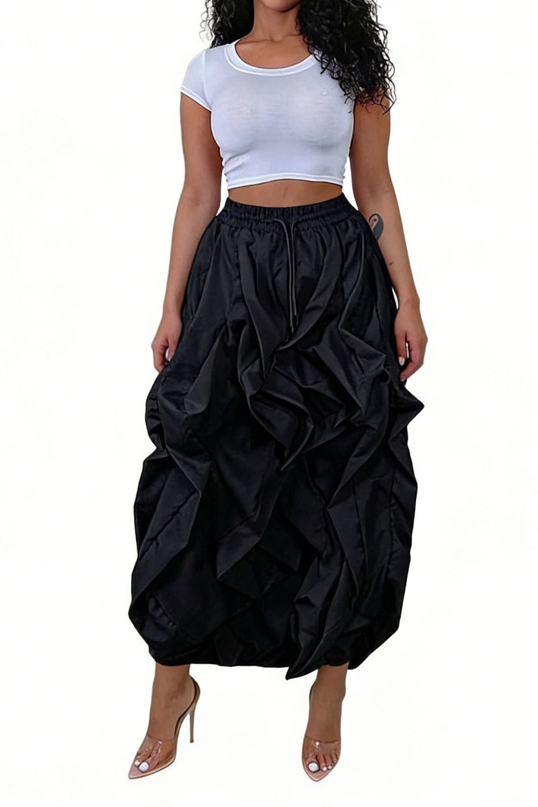 Ruched Drawstring Parachute Maxi Skirt