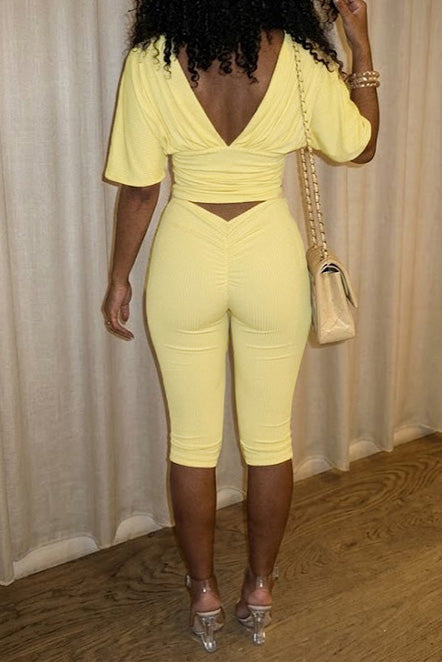 Ruched V-Neck Top & Bodycon Capri Set
