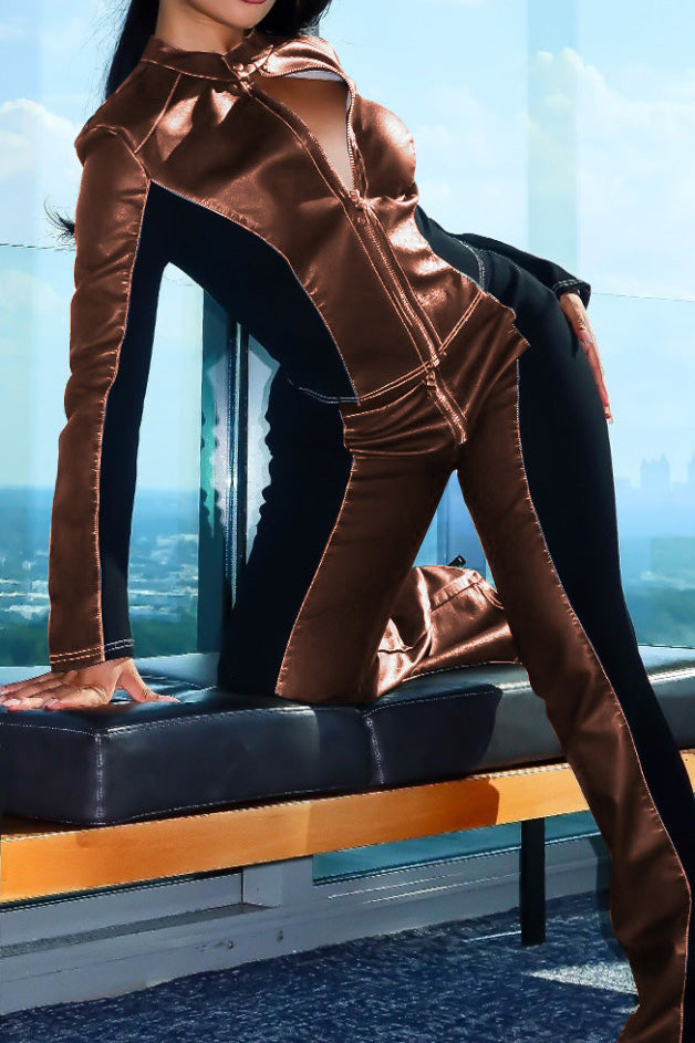 PU Leather Long Sleeve Top and Pants Set