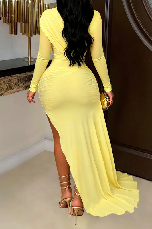 Mock Neck Ruched Mini Dress with Draped Train