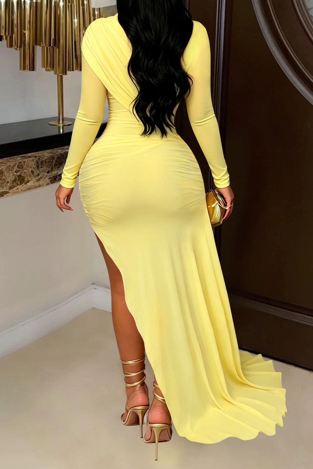Mock Neck Ruched Mini Dress with Draped Train