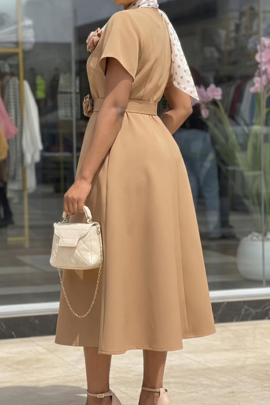 3D Rosette Belted A-Line Midi Dress