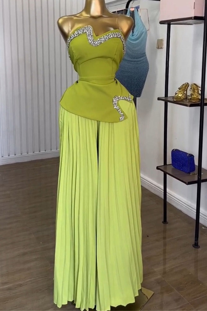 Strapless Rhinestone Top & Pleated Pants Set