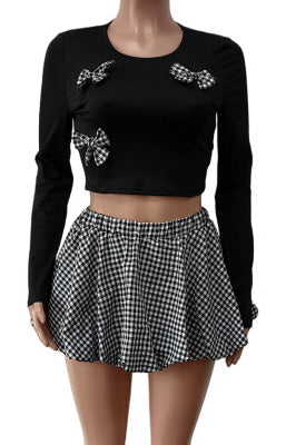 Plaid Patchwork O Neck Long Sleeve Set