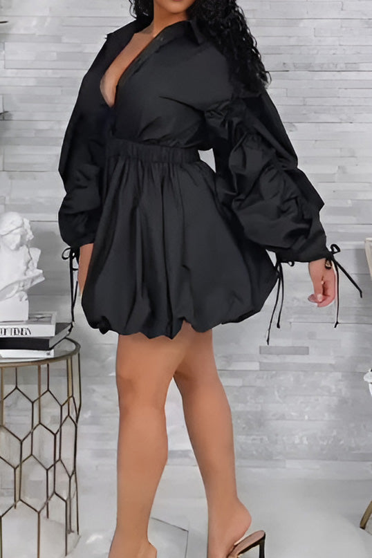 Ruched-Sleeve Button-Front Dress
