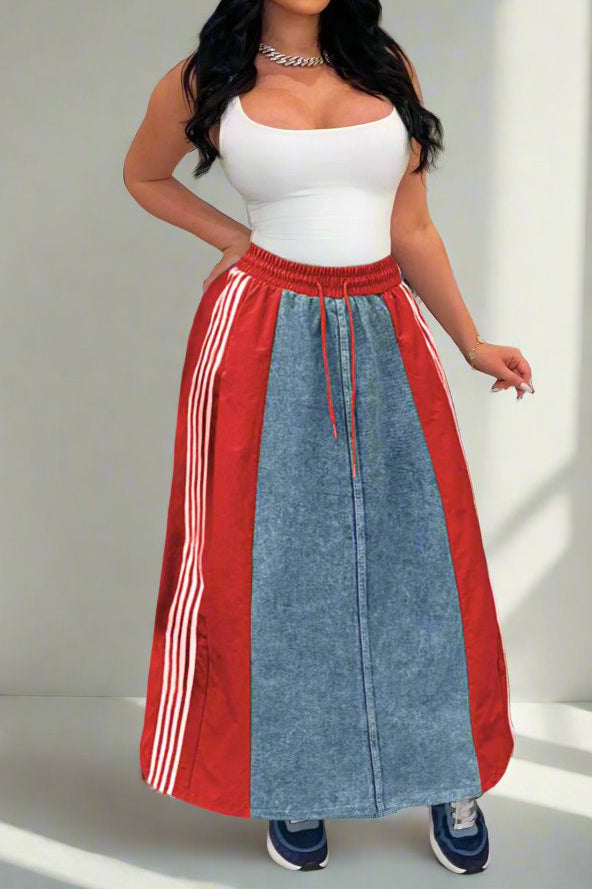 Wide Denim Skirts with Wide Contrast Side Lines