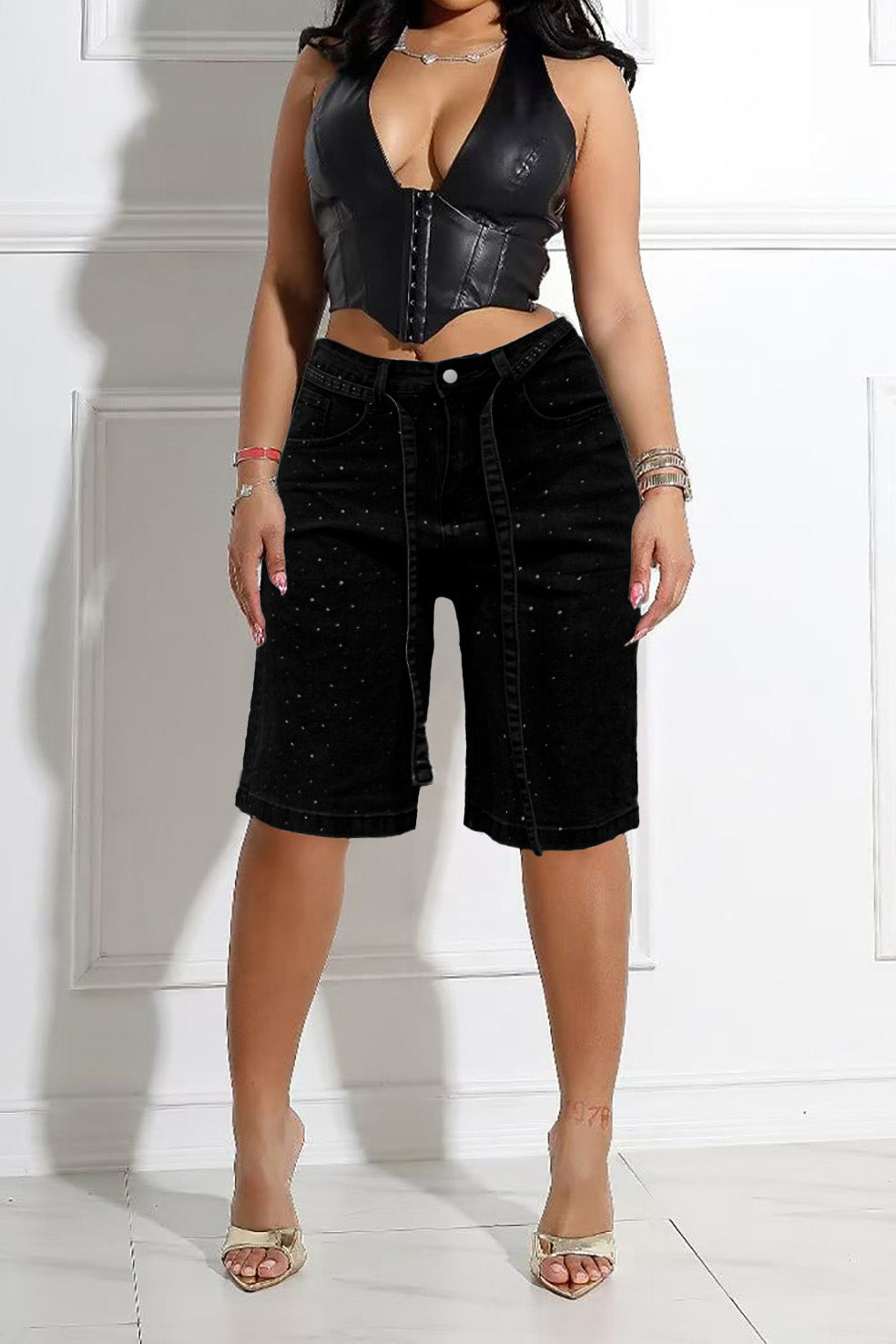 Rhinestone Denim Bermuda Shorts