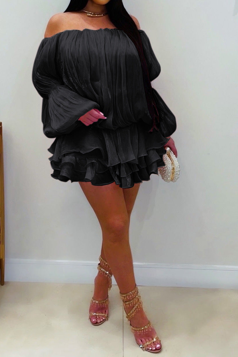 Plisse Off-Shoulder Tiered Mini Dress