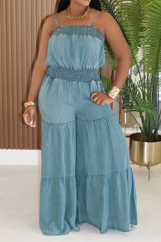 Denim Sleeveless Wide-Leg Jumpsuit