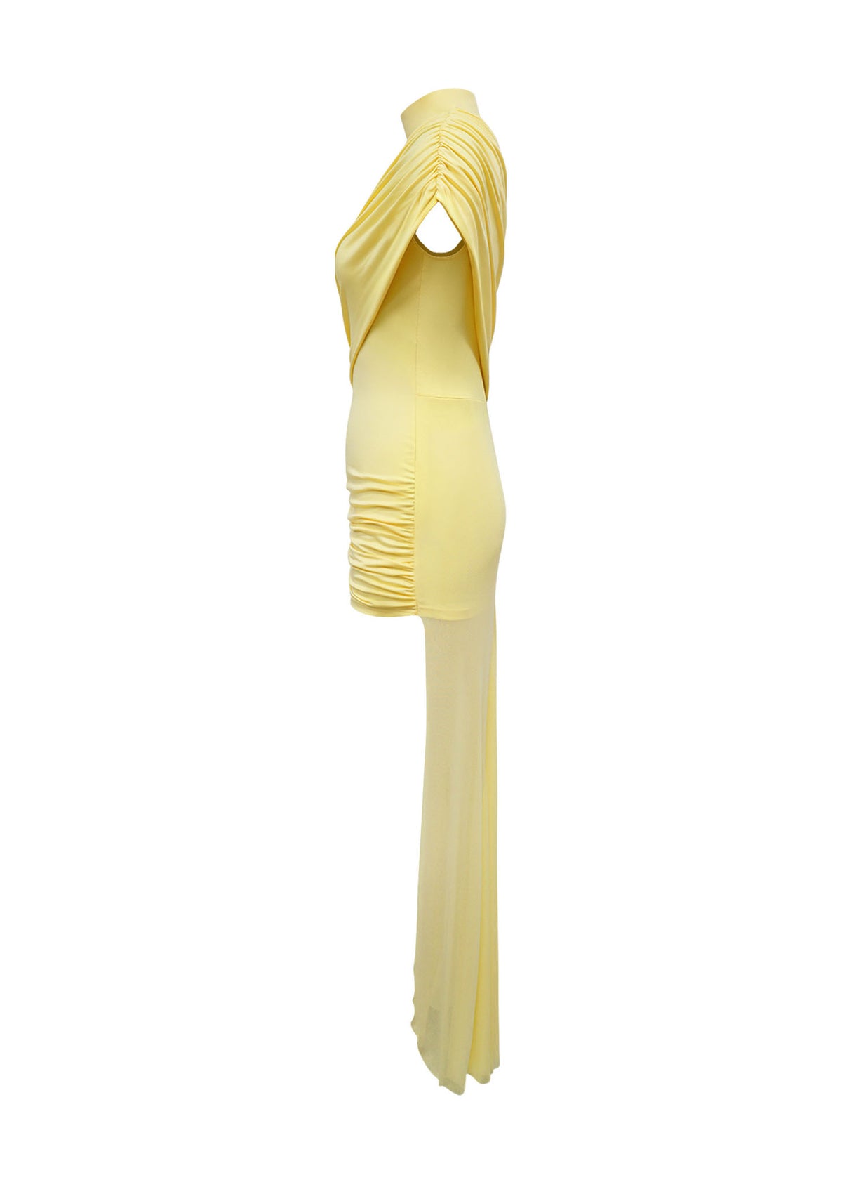 Ruched High Neck Asymmetrical Train Mini Dress