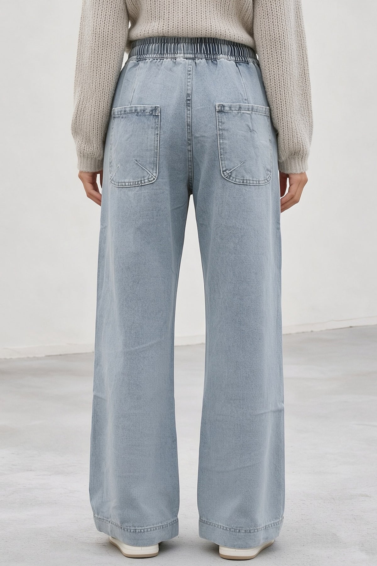 Elastic Waist Non-Stretch Ripped Wide Leg Jeans