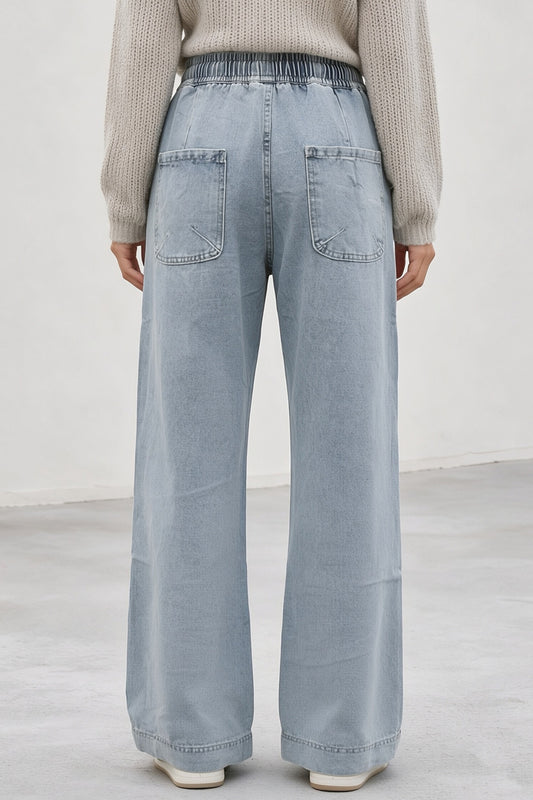 Elastic Waist Non-Stretch Ripped Wide Leg Jeans