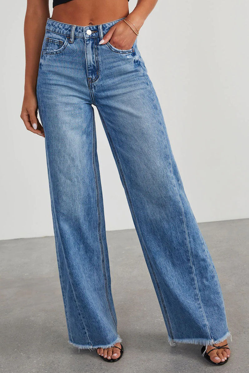 High Waisted Frayed Hem Denim Pants