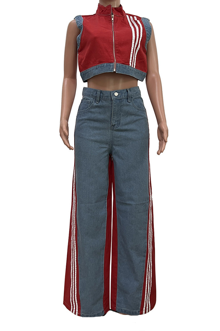 Striped Cropped Top Denim Pant Sets