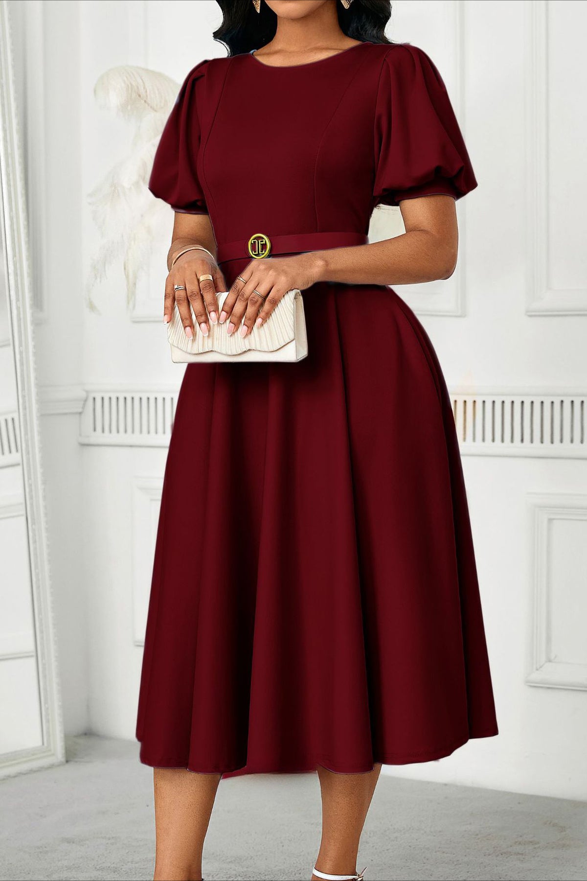 Puff Sleeve High Waist Solid Round Neck Dress