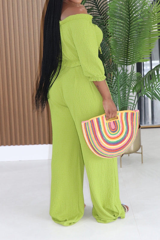 Textured Off-Shoulder Ruched Top & Wide Leg Pants Set