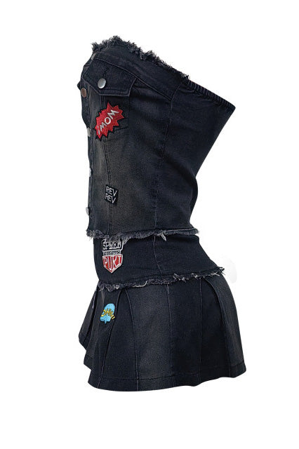 Denim Strapless Pleated Embroidered Skirt Set