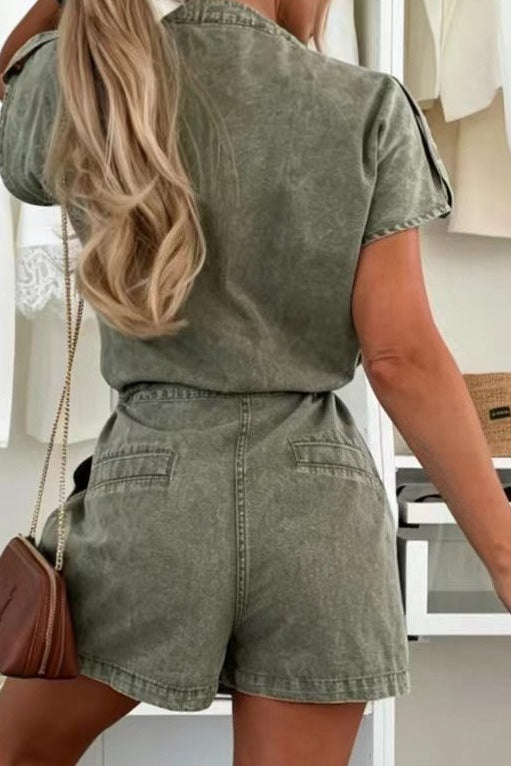 Cap Sleeve Drawstring Denim Utility Romper
