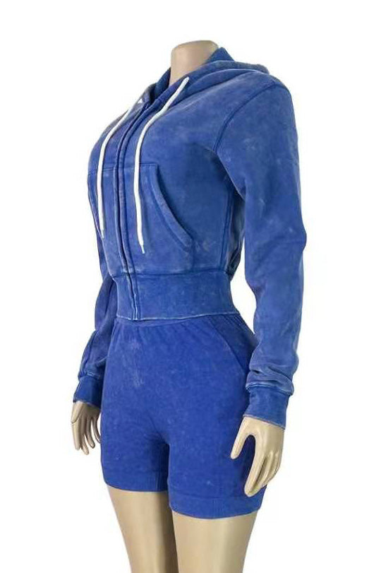 Mineral Wash Zip Hoodie & Shorts Set