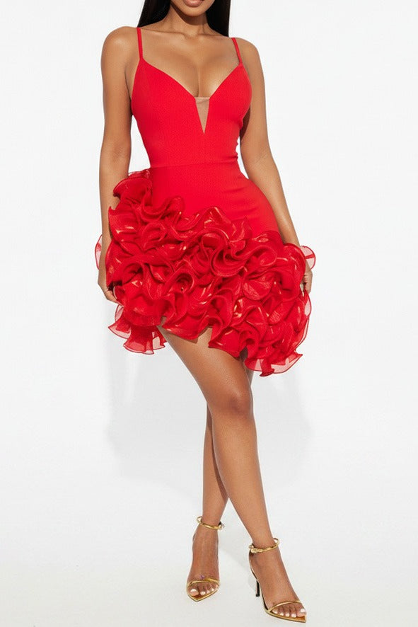 Plunging 3D Ruffle Asymmetrical Mini Dress