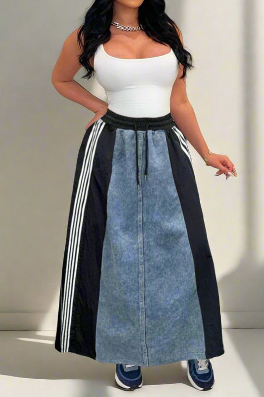 Wide Denim Skirts with Wide Contrast Side Lines