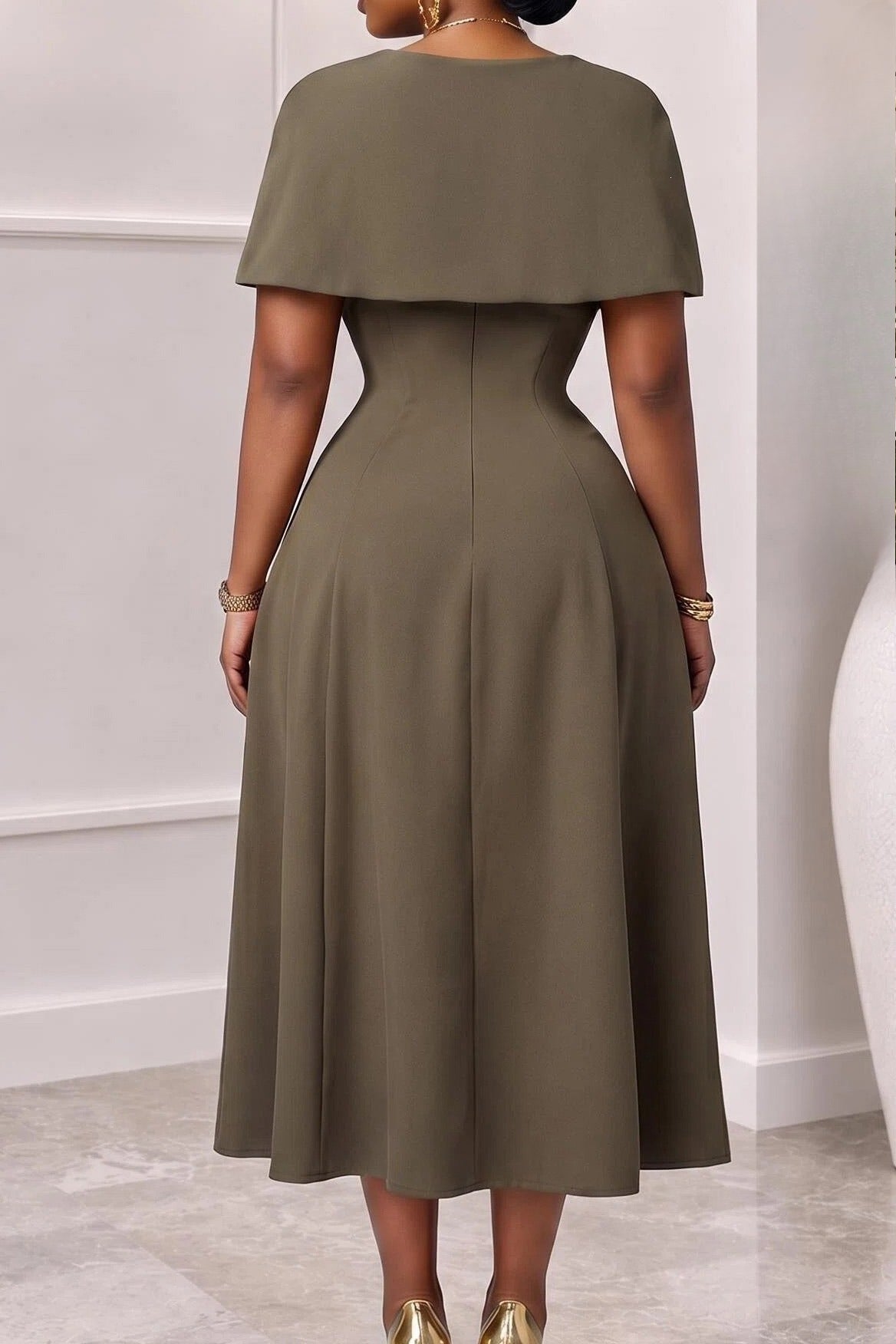Elegant Cape Overlay A-Line Midi Dress