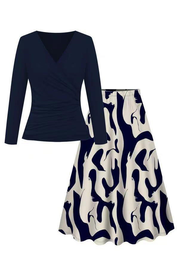 Ruched Wrap Top & Abstract Skirt Set