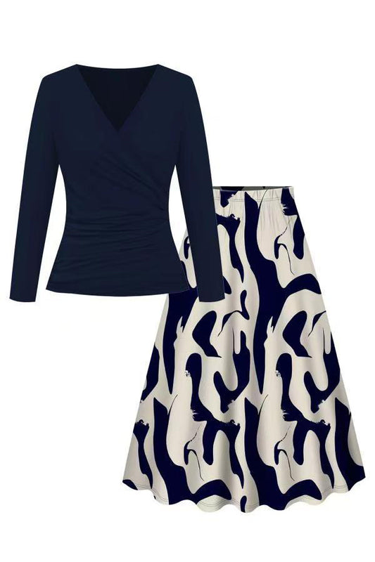 Ruched Wrap Top & Abstract Skirt Set