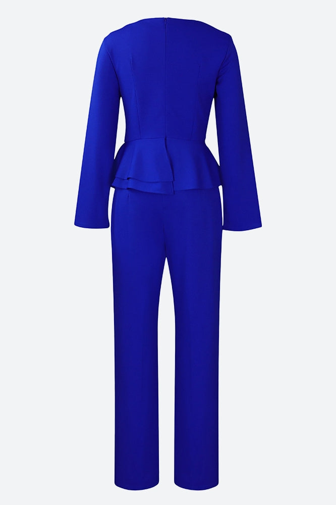Solid Flounce V Neck Long Sleeve Sets