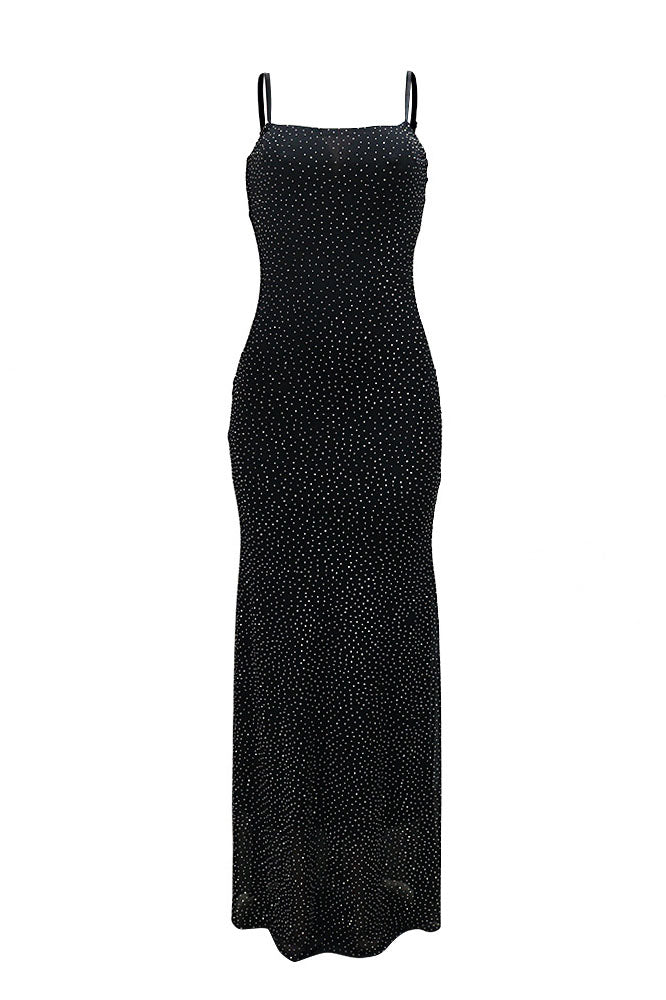 Spaghetti Strap Rhinestone Mesh Bodycon Dress