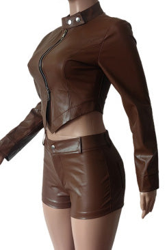 Leather Crop Jacket and Shorts Set