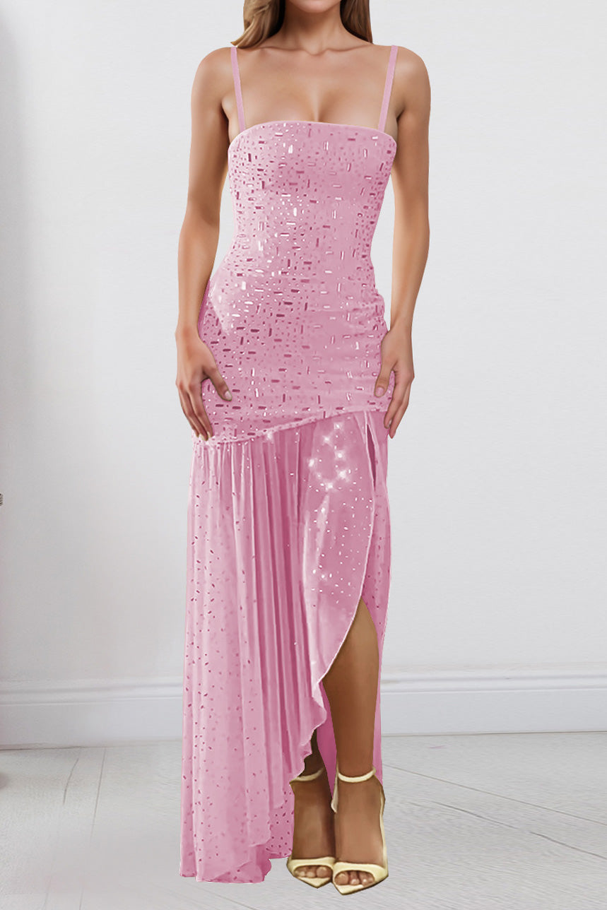 Rhinestone Strap Slit Bodycon Dress