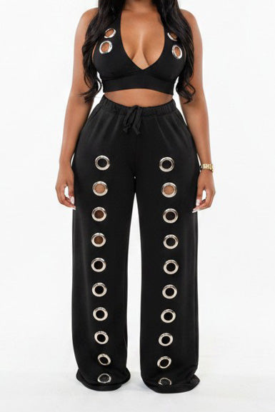 Oversized Eyelet Halter Crop Top & Pant Set
