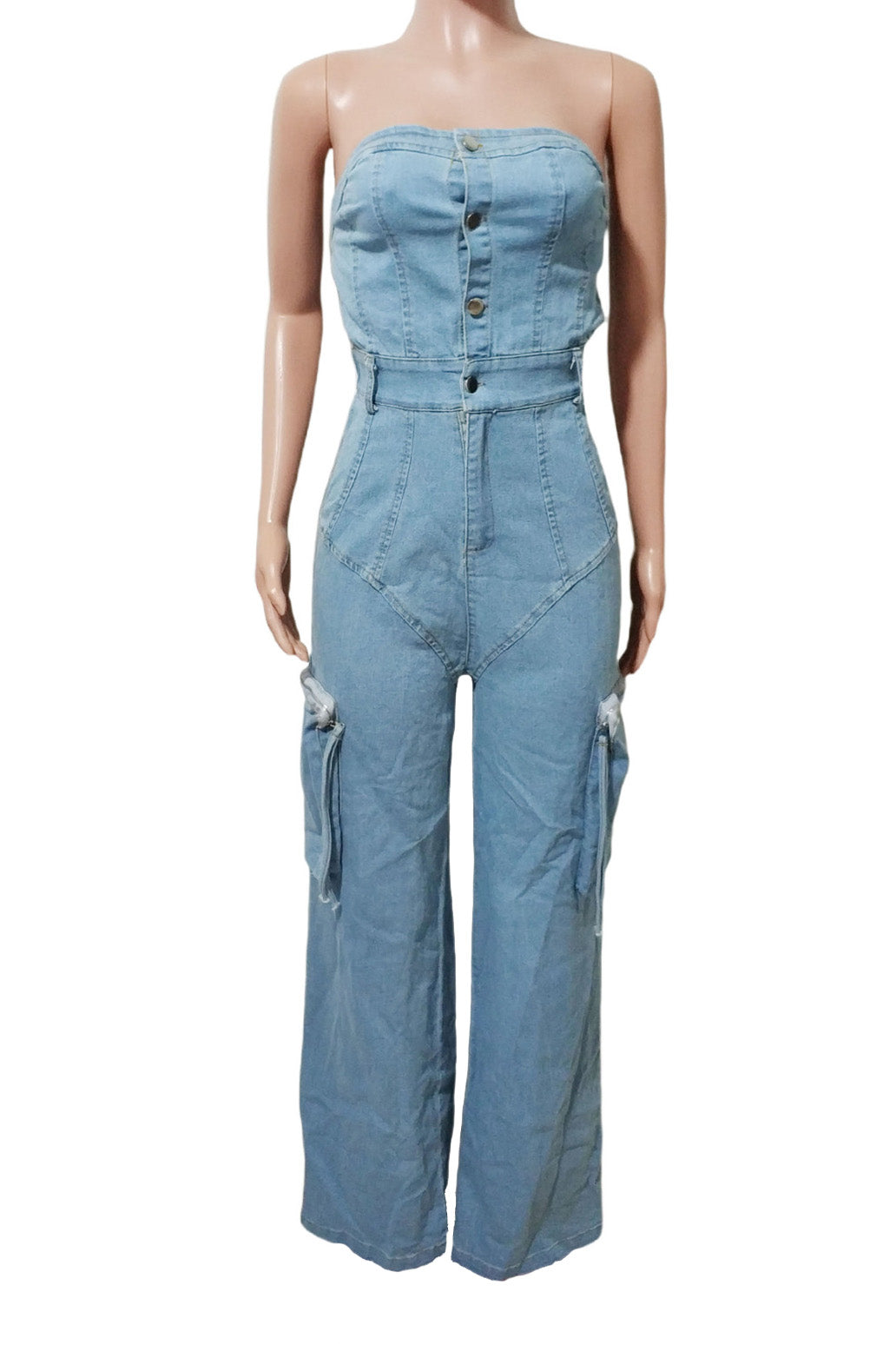 Slim Fit Strapless Denim Jumpsuit