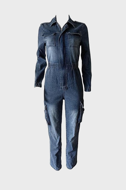 Denim Cargo V Neck Long Sleeve Tunic Jumpsuits