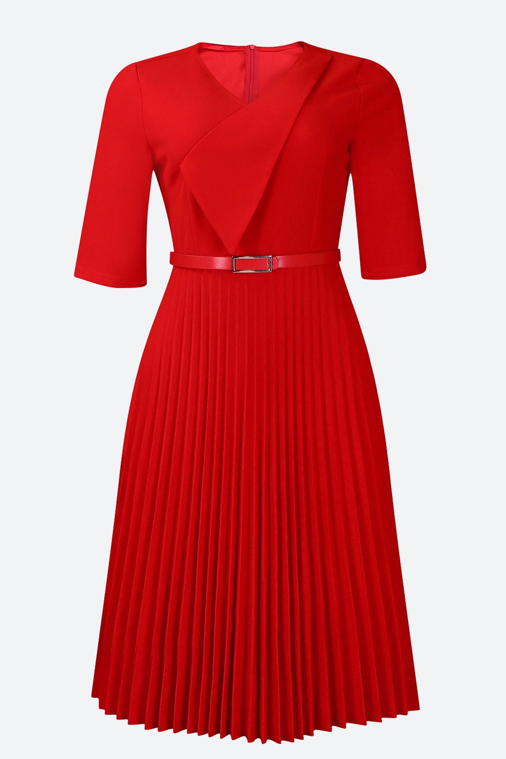 Solid Belted Pleated Dress