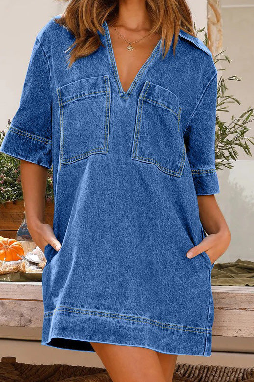 Collared Short Sleeve Loose Denim Dress