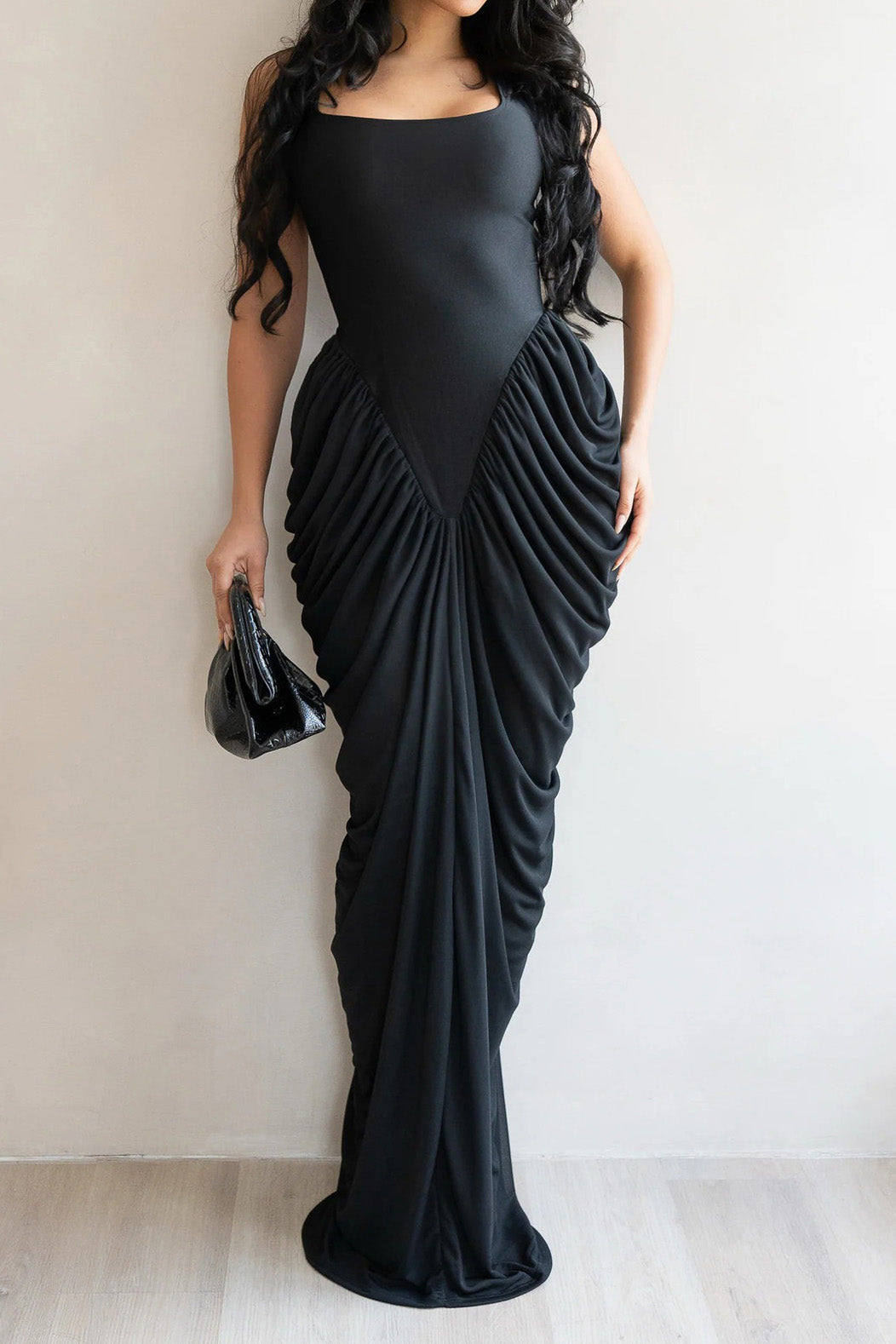 Draped V-Waist Chiffon Maxi Dress