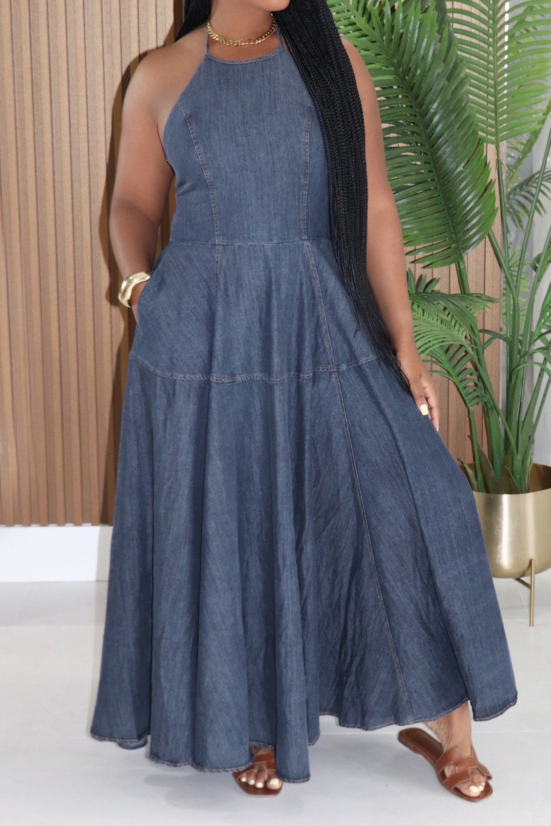 Halter Neck Tiered A-Line Denim Maxi Dress