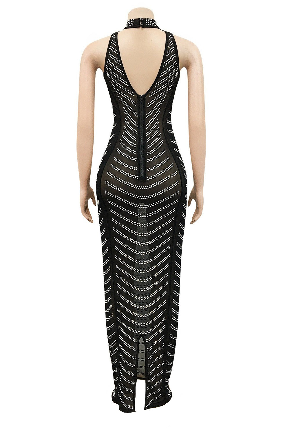 Rhinestone Halter Sheer Maxi Dress