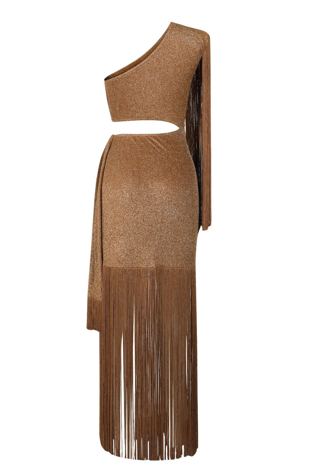 Shimmer One Shoulder Fringe Cutout Maxi Dress
