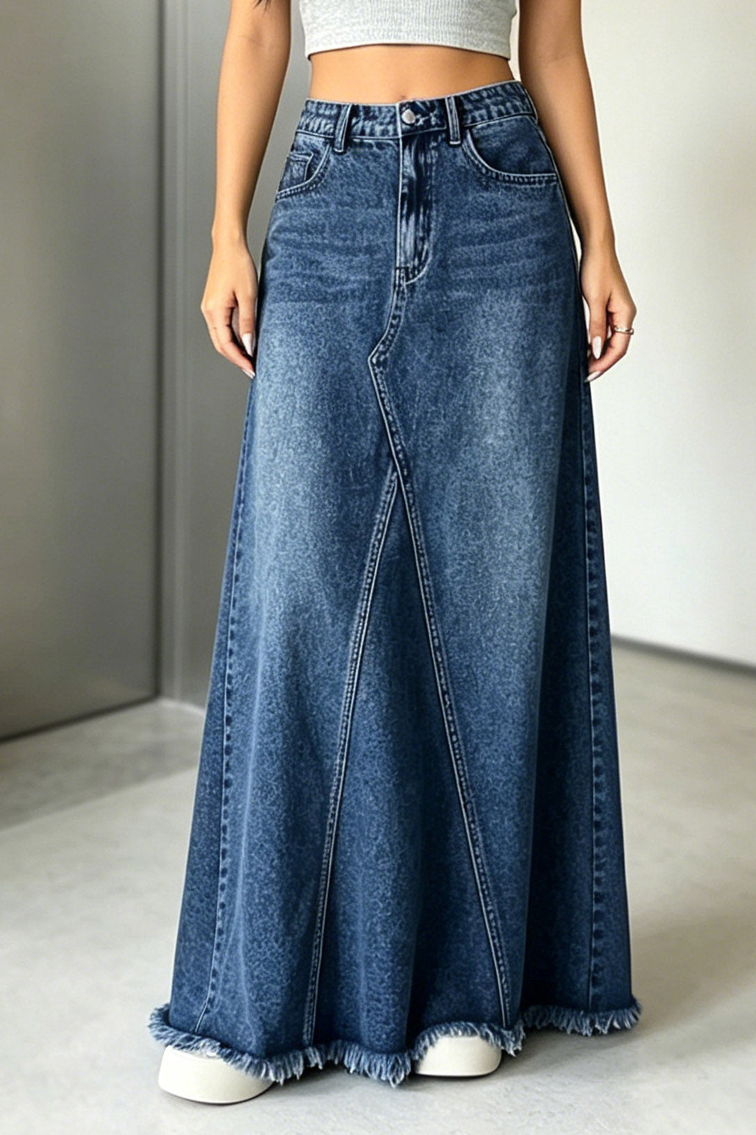 Raw-Hem Godet Denim Maxi Skirt